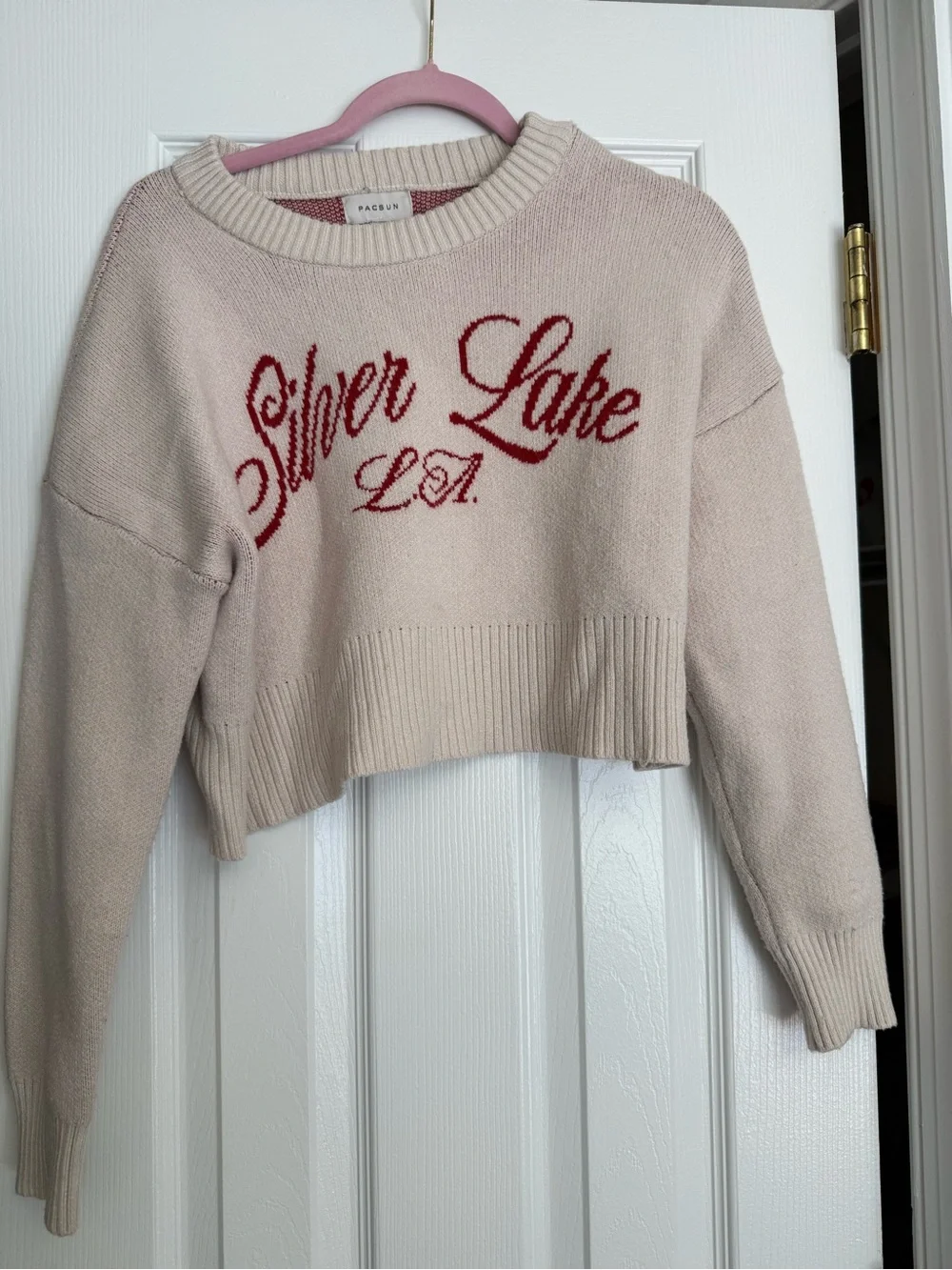 PacSun Cream Crewneck Cropped Sweater with Red 'Silver Lake L.A.' Script